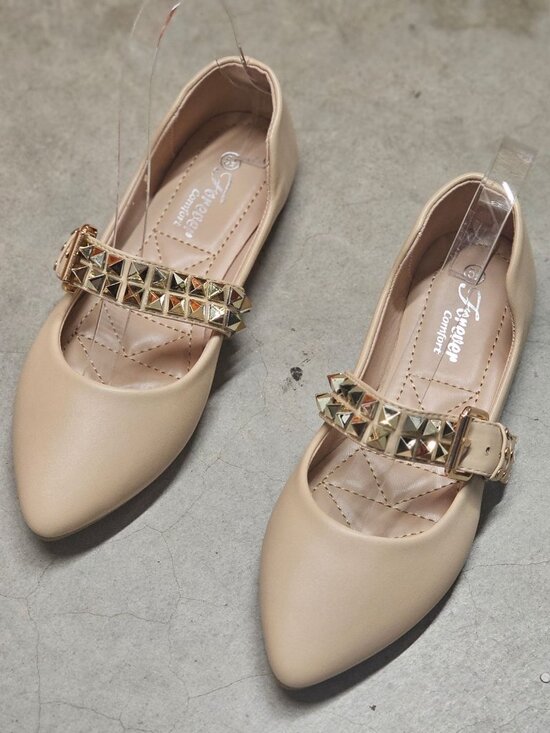 Studded Metallic Strap Beige Pointed-Toe Flats For Girls - Comfortable & Stylish - Picture 4 of 10